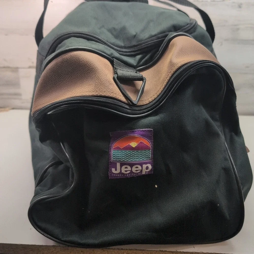 Vintage JEEP Duffle/Travel/Gym Bag 90's‎ Green Canvas Brown Leather Corners EXC